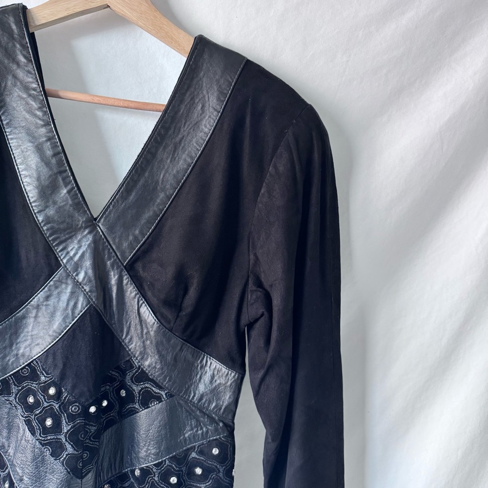 Vintage 1980s EREZ Leather Panel Evening Dress • Black Suede & Velvet • S/M - Picture 7 of 15